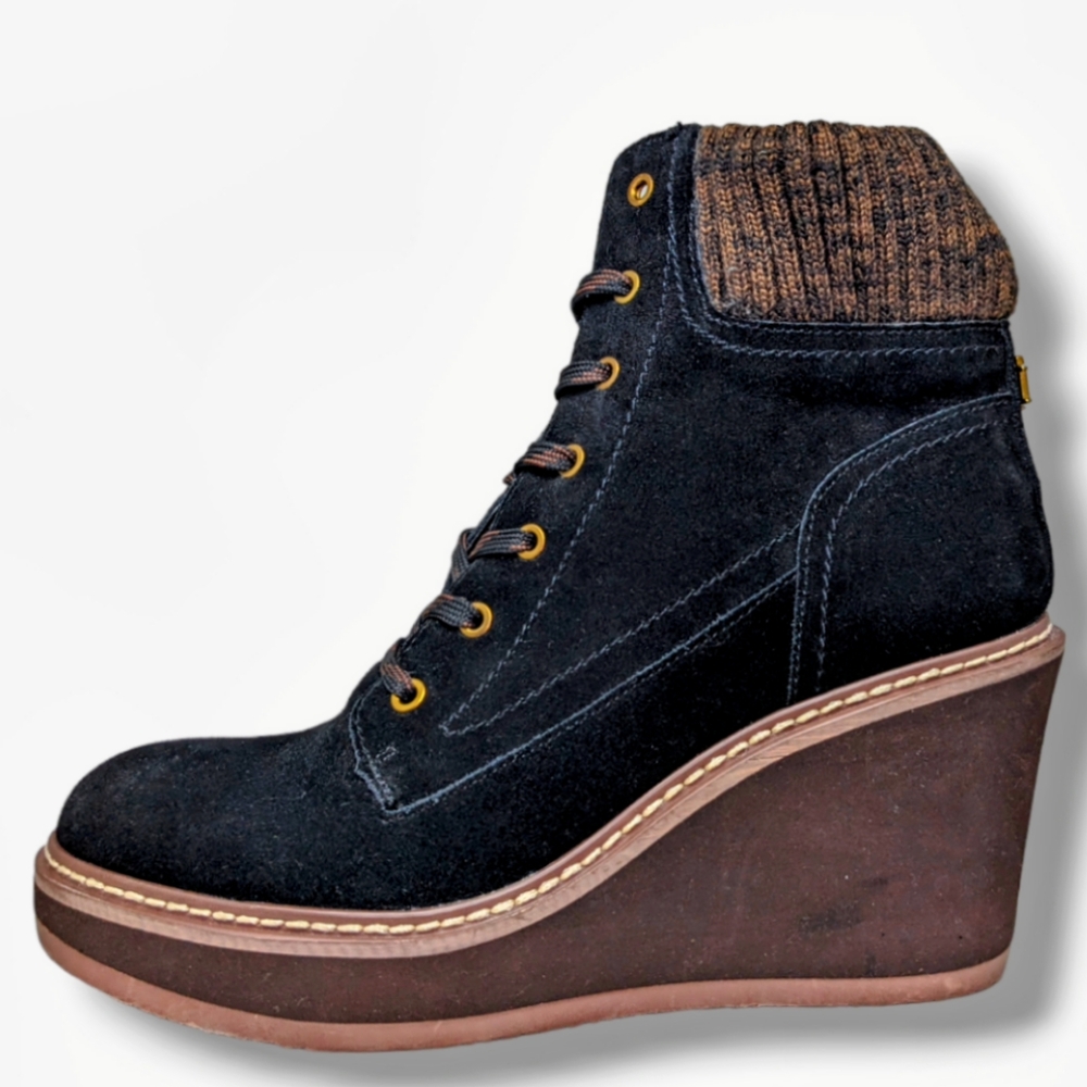 Tommy Hilfiger | Solenne Black Suede Ribbed Collar Wedge Boots Women's Size 8.5
